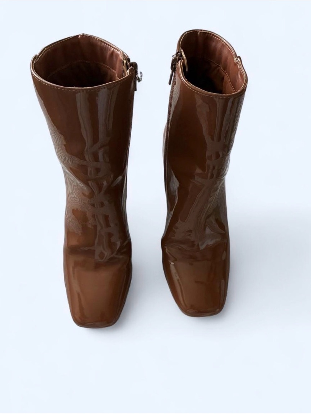 Patent Mid-Calf Heeled Boots in Brown